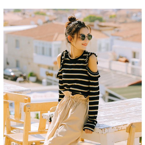 off shoulder striped slim long sleeves ruffles shoulders little show beauty sweater t shirt, White
off shoulder striped slim long sleeves ruffles shoulders little show beauty sweater t shirt, White