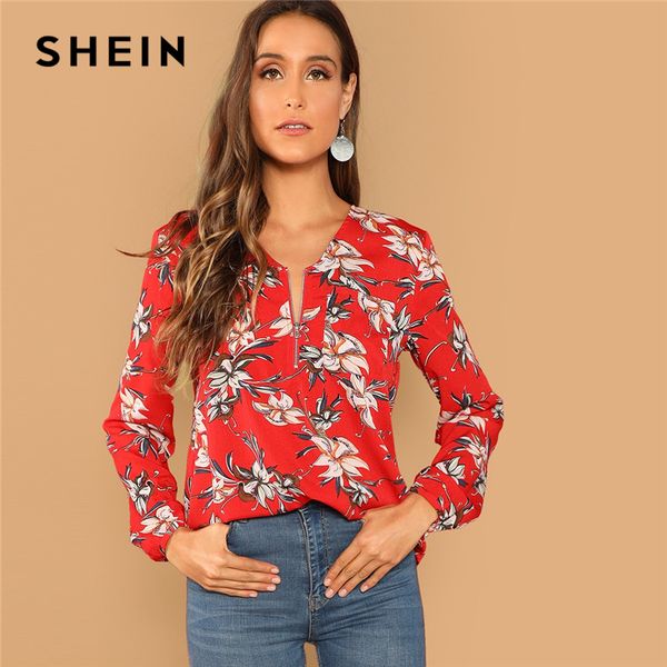 shein red casual floral print pocket zip half placket v neck long sleeve blouse autumn vacation holiday women and blouses, White
shein red casual floral print pocket zip half placket v neck long sleeve blouse autumn vacation holiday women and blouses, White