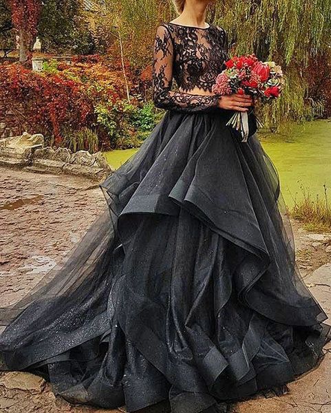 2 pieces gothic black a line wedding dresses illusion lace ruffles vintage boho bridal gown couture, White
2 pieces gothic black a line wedding dresses illusion lace ruffles vintage boho bridal gown couture, White