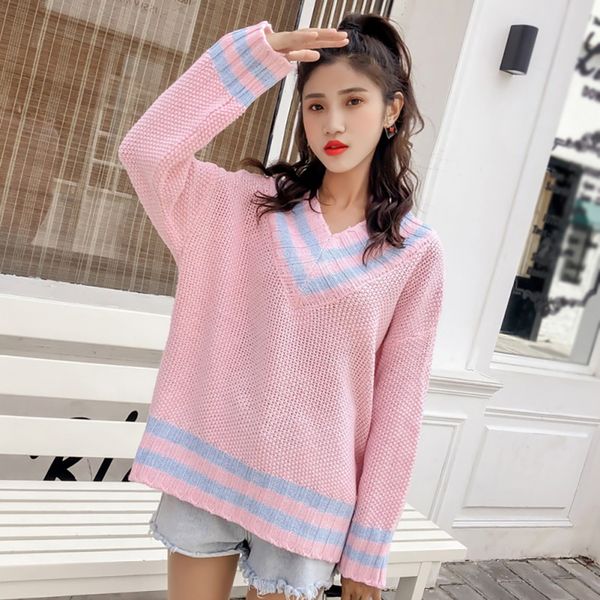 autumn winter college style pullover sweater fashion female v neck striped knitted sweater casual loose navy styles weatshirt, White;black
autumn winter college style pullover sweater fashion female v neck striped knitted sweater casual loose navy styles weatshirt, White;black