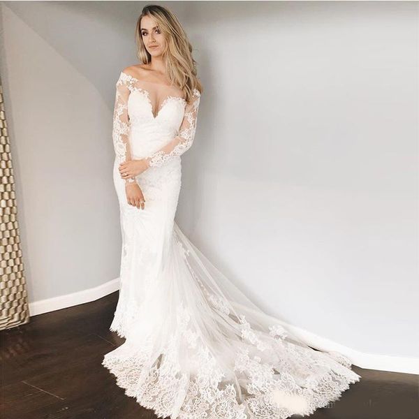 2020 new elegant mermaid wedding dresses off shoulder illusion bodice long sleeve sweep train wedding dress lace applique satin custom made, White
2020 new elegant mermaid wedding dresses off shoulder illusion bodice long sleeve sweep train wedding dress lace applique satin custom made, White