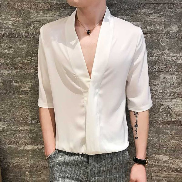 summer deep v-collar mens half-sleeved dress shirts japan streetwear kimono shirts youth male business wedding formal shirt, White;black
summer deep v-collar mens half-sleeved dress shirts japan streetwear kimono shirts youth male business wedding formal shirt, White;black
