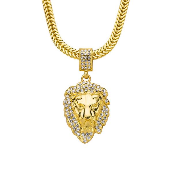 

mens full iced rhinestone and crown lion tag necklaces pendants hip hop cuban chain hip hop necklace gold jewelry for male, Silver