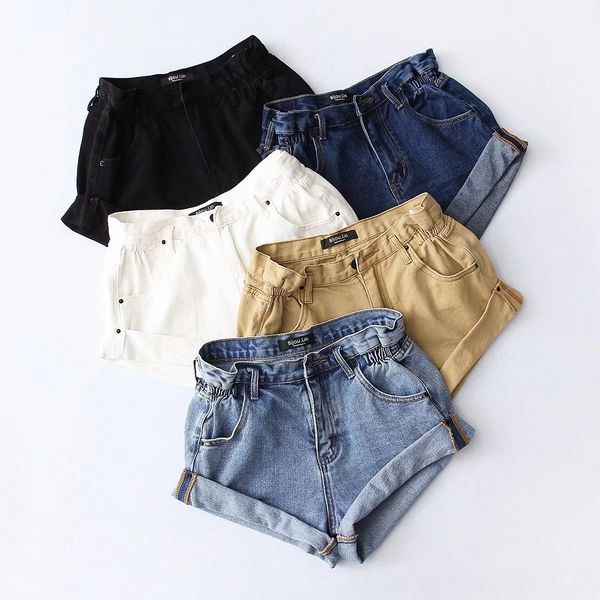 

women's jeans denim shorts women roll wide leg pants summer womens elastic waist cuffs high waist jeans 2019 asian size, White;black