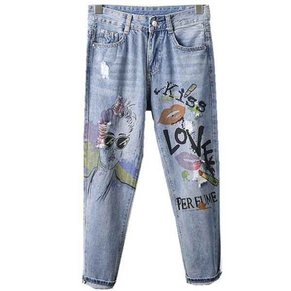 plus size 26-32printed painted hole jeans women spring autumn hole loose ankle length straight jeans, Blue
plus size 26-32printed painted hole jeans women spring autumn hole loose ankle length straight jeans, Blue