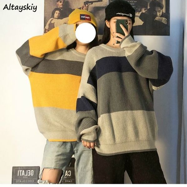 pullovers women soft korean striped fashion contrast color lazy oversized femme o-neck sweaters jumpers casual chic couple, White;black
pullovers women soft korean striped fashion contrast color lazy oversized femme o-neck sweaters jumpers casual chic couple, White;black
