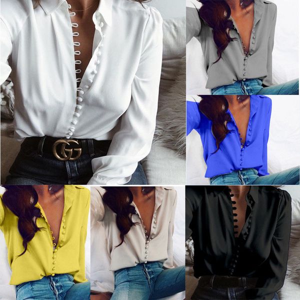 women summer autumn solid long sleeve turn down collar button loose casual t shirt tee, White
women summer autumn solid long sleeve turn down collar button loose casual t shirt tee, White