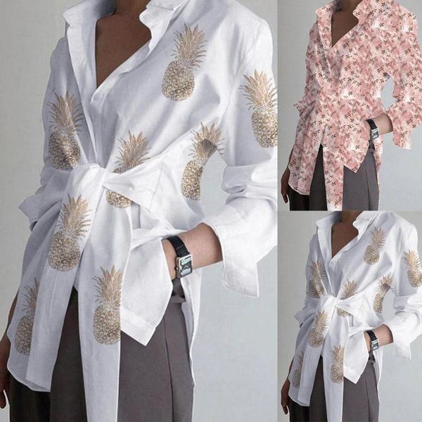 women elegant lapel neck blusas fashion pineapple grass print waist lacing buttons asymmetric blouse ladies office shirts, White
women elegant lapel neck blusas fashion pineapple grass print waist lacing buttons asymmetric blouse ladies office shirts, White