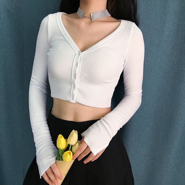 women's autumn and winter basic button v-neck knitting t-shirt women's split long sleeve slim short retro high waist top, White
women's autumn and winter basic button v-neck knitting t-shirt women's split long sleeve slim short retro high waist top, White