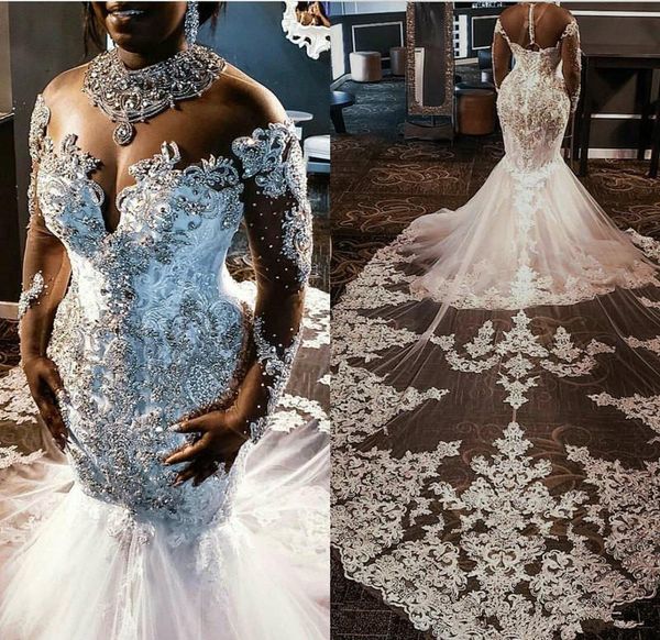 sheer mesh lace mermaid wedding dresses 2019 tulle lace applique beaded crystals long sleeves wedding bridal gowns with detachable train, White
sheer mesh lace mermaid wedding dresses 2019 tulle lace applique beaded crystals long sleeves wedding bridal gowns with detachable train, White