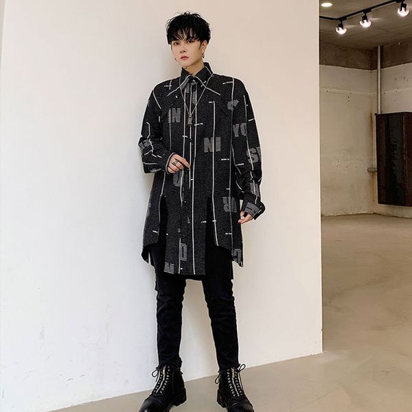 men long sleeve slit loose casual stripe irregular shirt male streetwear hip hop fashion long dress shirt stage costumes, White;black
men long sleeve slit loose casual stripe irregular shirt male streetwear hip hop fashion long dress shirt stage costumes, White;black