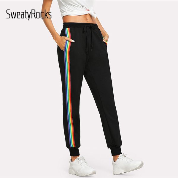 sweatyrocks rainbow striped side sweatpants black drawstring waist loose sporting pants women summer mid waist trousers, Black;white
sweatyrocks rainbow striped side sweatpants black drawstring waist loose sporting pants women summer mid waist trousers, Black;white