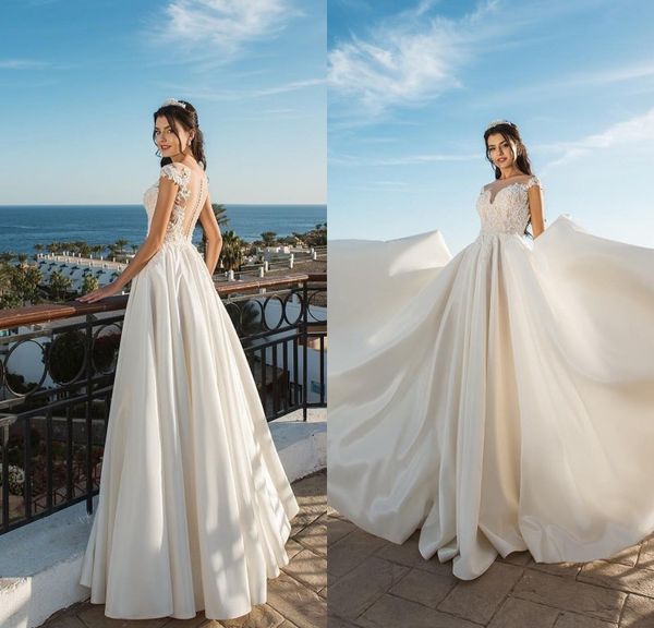a line wedding dress sleeveless jewel neck applique pearls satin wedding dresses sweep train bohemian bridal gowns, White
a line wedding dress sleeveless jewel neck applique pearls satin wedding dresses sweep train bohemian bridal gowns, White