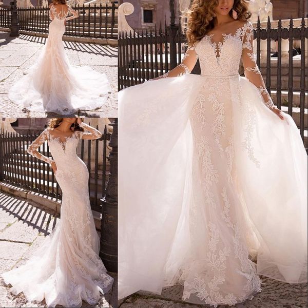 gorgeous scoop neck long sleeve wedding dresses custom made tulle lace mermaid wedding gowns with detachable train, White
gorgeous scoop neck long sleeve wedding dresses custom made tulle lace mermaid wedding gowns with detachable train, White