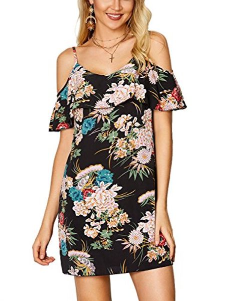 

yoins dress random floral print flouncy cold shoulder spaghetti strap sling tunic top, Black;gray