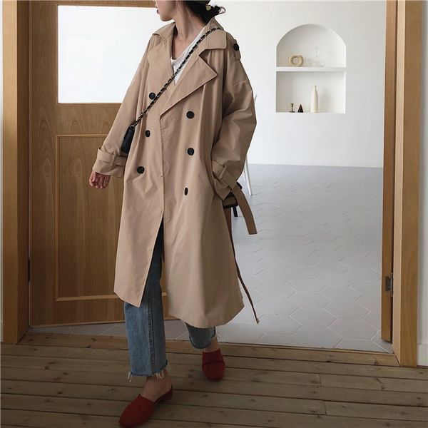 women's trench coats 2021 autumn turn-down collar long coat pockets women casual vintage khaki red loose outwear, Tan;black
women's trench coats 2021 autumn turn-down collar long coat pockets women casual vintage khaki red loose outwear, Tan;black