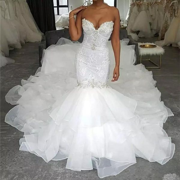luxury mermaid african wedding dresses with cathedral train bridal gowns sweetheart tiered ruffles 2019 vintage church bride dress, White
luxury mermaid african wedding dresses with cathedral train bridal gowns sweetheart tiered ruffles 2019 vintage church bride dress, White