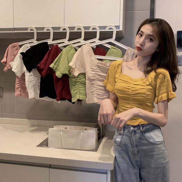 women t-shirt summer solid color square collar puff sleeve fitted female off shoulder short sleeve fashion t shirt, White
women t-shirt summer solid color square collar puff sleeve fitted female off shoulder short sleeve fashion t shirt, White
