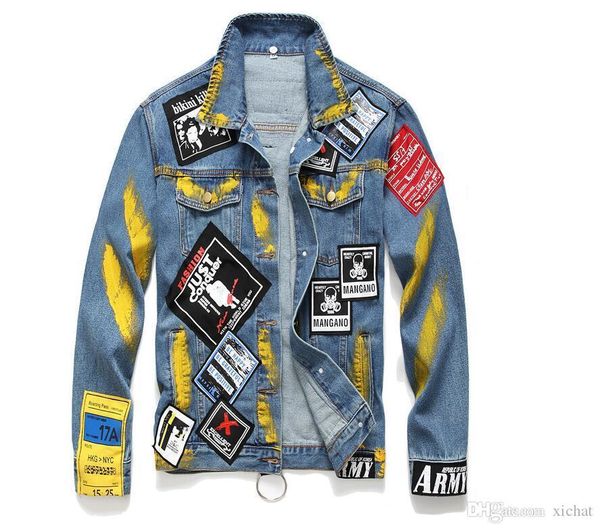 unique mens painted badge denim jackets washed fashion designer slim fit streetwear motorcycle biker epaulet jeans jacket coat 980, Black;brown