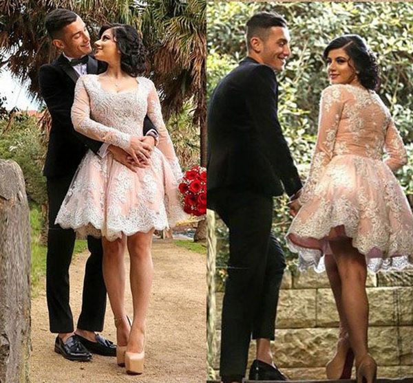 lovely blush and ivory lace short wedding dresses square neck long illusion sleeves applique plus size wedding reception dress bridal gowns, White
lovely blush and ivory lace short wedding dresses square neck long illusion sleeves applique plus size wedding reception dress bridal gowns, White