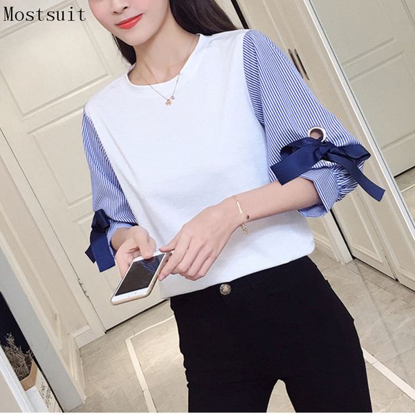 spring autumn cotton striped shirt fake two pieces bow patchwork casual pullovers office korean plus size shirt blusas 2018, White
spring autumn cotton striped shirt fake two pieces bow patchwork casual pullovers office korean plus size shirt blusas 2018, White
