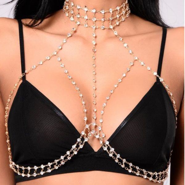 

new hot fashion super glittering beautiful full rhinestone choker necklace bra body chain jewelry for night club gold silver colors