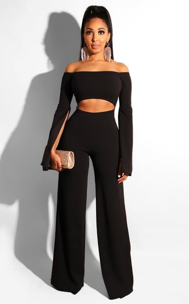 

ahvit waist band cut out skinny romper slash neck split long falre sleeve wide leg jumpsuit elegant party jumpsuits zsc-g0161, Black;white