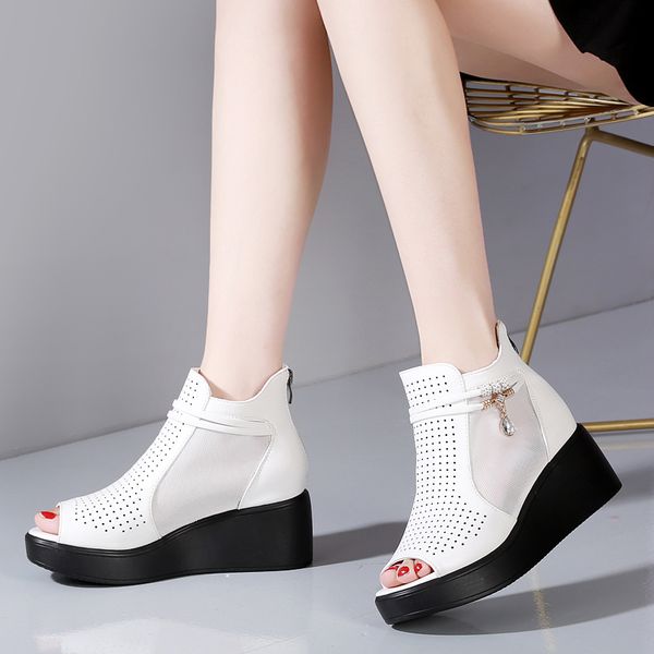 large size real leather shoes woman sandals with laces 2020 summer open toe med high heels suit female beige wedge, Black 
large size real leather shoes woman sandals with laces 2020 summer open toe med high heels suit female beige wedge, Black