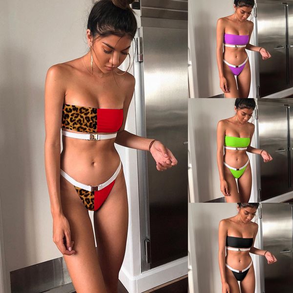 leopard stitching swimsuit women tube laides metal waist buckle girls split bikini, White;black
leopard stitching swimsuit women tube laides metal waist buckle girls split bikini, White;black