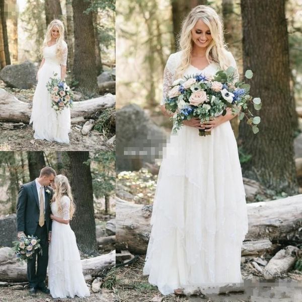 western country wedding dresses lace chiffon modest v neck half sleeves long bohemian bridal gowns plus size robe de mariée en dentelle, White
western country wedding dresses lace chiffon modest v neck half sleeves long bohemian bridal gowns plus size robe de mariée en dentelle, White