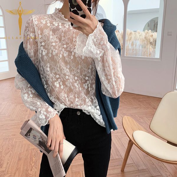 lace perspective women loose shirt summer printed flared sleeve casual blouse korean office lady elegant stand collar female top, White
lace perspective women loose shirt summer printed flared sleeve casual blouse korean office lady elegant stand collar female top, White