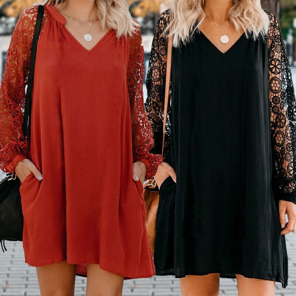 2020 women's dress hollow lace long sleeve v-neck loose casual solid boho dress, Black;gray
2020 women's dress hollow lace long sleeve v-neck loose casual solid boho dress, Black;gray