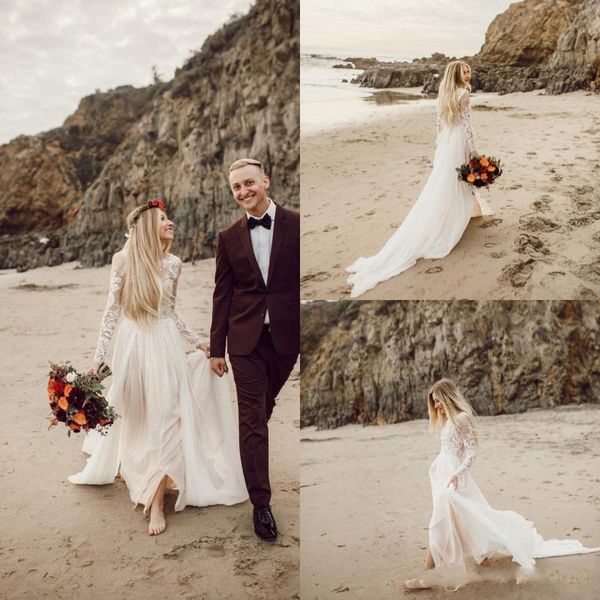 2020 beach wedding dresses long sleeves jewel neck lace applique chapel train chiffon custom made boho wedding gown vestido de novia, White