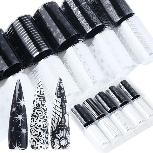 10 rolls/box lace flowers snowflake transfer foil wraps black white nail foil paper glue adhesive nail art holographic decals
10 rolls/box lace flowers snowflake transfer foil wraps black white nail foil paper glue adhesive nail art holographic decals