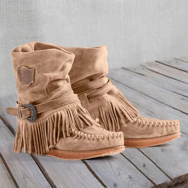 

women's tassel casual boots round toe rome retro fringe short ankle boots flat shoes woman bohemian warmer hiking snow, Black