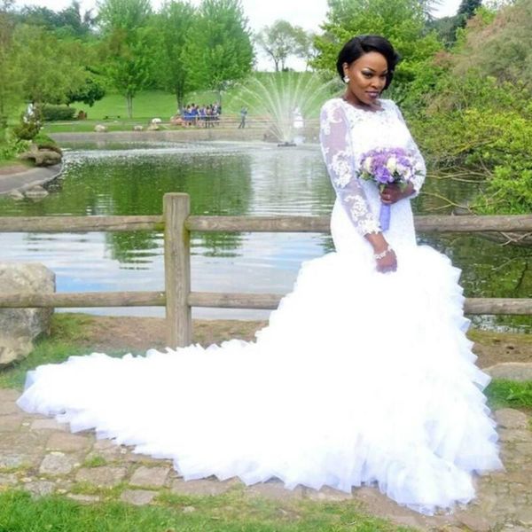 african mermaid wedding dresses trendy lace ruffles sheer long sleeve tiers plus size fitted bridal gowns train bride dress custom m9, White
african mermaid wedding dresses trendy lace ruffles sheer long sleeve tiers plus size fitted bridal gowns train bride dress custom m9, White