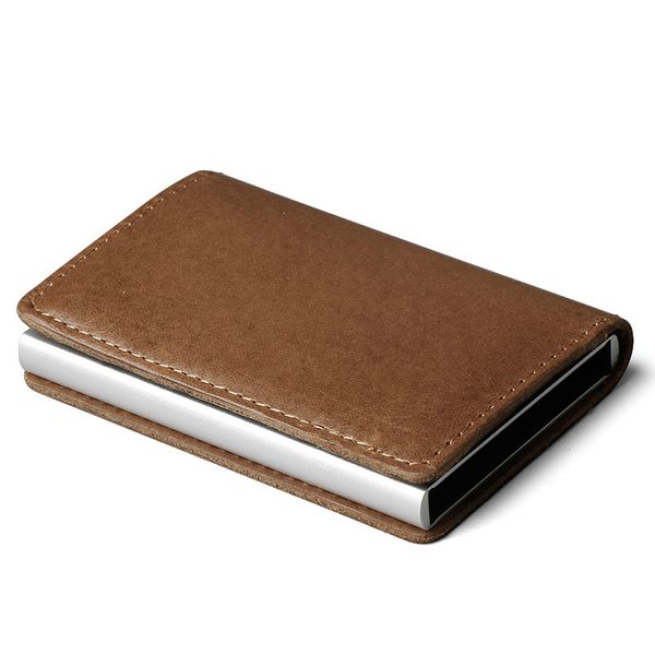 men blocking mini genuine leather business aluminium holder purse automatic, Brown;gray
men blocking mini genuine leather business aluminium holder purse automatic, Brown;gray