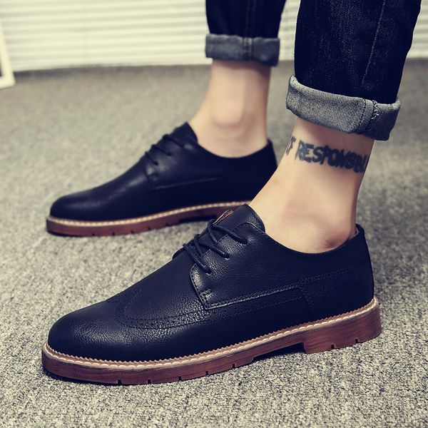 autumn new style leather shoes england trend versatile shoes korean-style retro black and white with pattern bullock casu