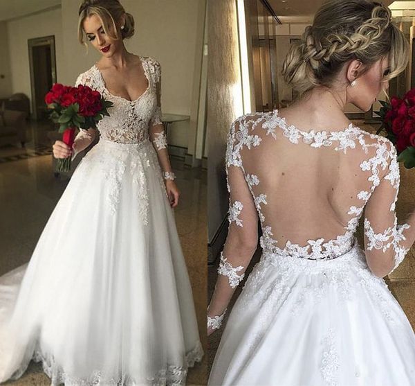 vestidos de novia lace bridal gown scoop neckline illusion back a line wedding dresses lace appliqued long sleeves tulle skirt al3065, White
vestidos de novia lace bridal gown scoop neckline illusion back a line wedding dresses lace appliqued long sleeves tulle skirt al3065, White