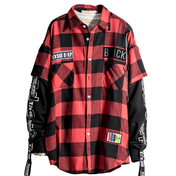 red and black plaid patchwork shirt men patterned hip hop checkered shirt streetwear men button up shirts korean fashion 6c004, White;black
red and black plaid patchwork shirt men patterned hip hop checkered shirt streetwear men button up shirts korean fashion 6c004, White;black