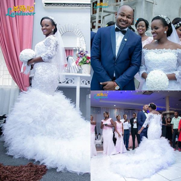 2019 luxury corset bodice lace up cloud mermaid wedding dresses 3/4 sleeves bridal gowns plus size vintage chapel train bridal gowns, White 
2019 luxury corset bodice lace up cloud mermaid wedding dresses 3/4 sleeves bridal gowns plus size vintage chapel train bridal gowns, White