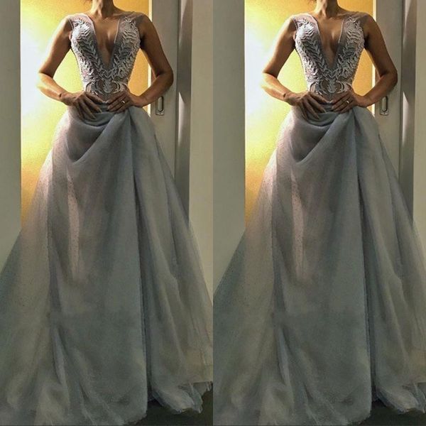 v neck long silver grey sleeveless prom dress 2019 tulle bottom mermaid event party evening dresses customize, Black
v neck long silver grey sleeveless prom dress 2019 tulle bottom mermaid event party evening dresses customize, Black