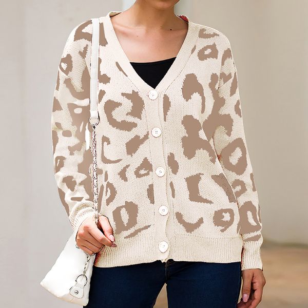 women leopard print cardigan sweater v-neck single-breasted loose jumper fashion casual autumn winter warm knitted lady sweater, White
women leopard print cardigan sweater v-neck single-breasted loose jumper fashion casual autumn winter warm knitted lady sweater, White