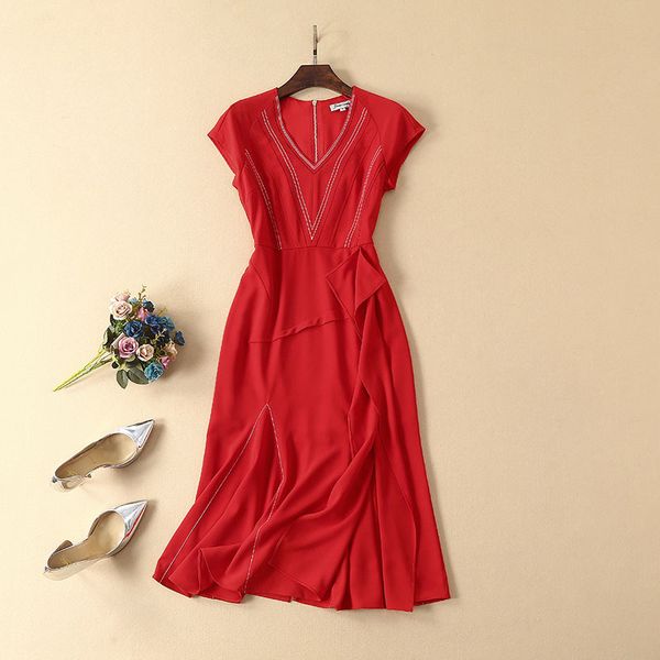 european and american women's fashion 2019 spring new style line pressing v-neck short sleeve flounces fashionable dress, Black;gray
european and american women's fashion 2019 spring new style line pressing v-neck short sleeve flounces fashionable dress, Black;gray