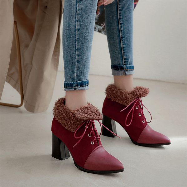 autumn winter high heels womens boots female black wine red brown fur design ankle boots lace up footwear shoes woman 
autumn winter high heels womens boots female black wine red brown fur design ankle boots lace up footwear shoes woman