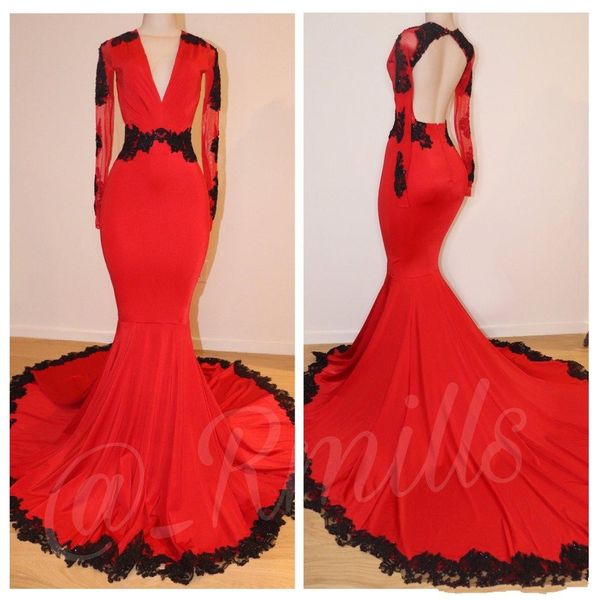 2019 pink red prom dresses v neck long sleeves backless lace appliques mermaid sweep train plus size evening dress wear party gowns, Black
2019 pink red prom dresses v neck long sleeves backless lace appliques mermaid sweep train plus size evening dress wear party gowns, Black