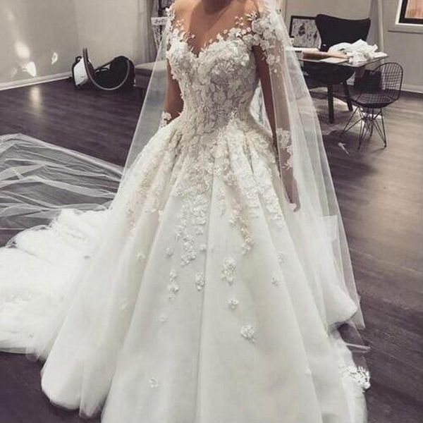 vintage ball gown wedding dresses off shoulder lace appliques illusion long sleeves bridal gowns sweep train tulle wedding dresses fashion, White
vintage ball gown wedding dresses off shoulder lace appliques illusion long sleeves bridal gowns sweep train tulle wedding dresses fashion, White