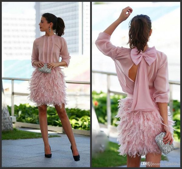 new gorgeous feather short prom dresses pink long sleeves open back with bow evening gowns cocktail party dresses for special occasion aw319, Black
new gorgeous feather short prom dresses pink long sleeves open back with bow evening gowns cocktail party dresses for special occasion aw319, Black