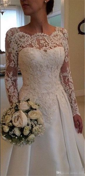 2019 long sleeve wedding dresses elegant a line sheer neckline backless lace applique satin sweep train bridal wedding gowns, White
2019 long sleeve wedding dresses elegant a line sheer neckline backless lace applique satin sweep train bridal wedding gowns, White