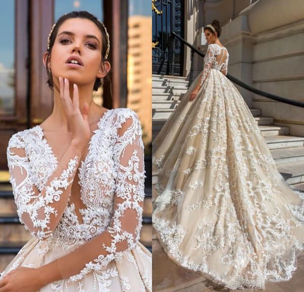long sleeve lace ball gown wedding dresses 2019 applique luxury deep v neck bridal gowns, White
long sleeve lace ball gown wedding dresses 2019 applique luxury deep v neck bridal gowns, White